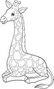 Coloring page. Little cute baby giraffe with long neck lays and smiles Royalty Free Stock Photo