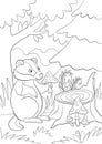 Coloring page. Little cute badger sits and holds an amanita in the hands