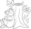 Coloring page. Little cute badger sits near the stump and smiles