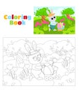 Coloring page. Little cute Easter bunny is carrying colored eggs in a cart. Great illustration. Royalty Free Stock Photo