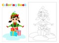 Coloring page. Little elf girl jumps over gift boxes. The child is happy and dressed in a traditional elf costume. Royalty Free Stock Photo