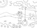 coloring page of a little girl overheating in front of a tire swing Royalty Free Stock Photo