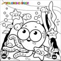 Octopus and fish swimming underwater. Vector black and white coloring page