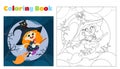 Coloring page little witch flies on a broomstick at night. Halloween character. Educational games for children in schools.