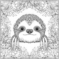 Coloring page with lovely sloth in forest.