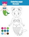 Coloring page with mermaid. Children educational game, kids activity sheet