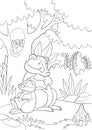 Coloring page. Mother badger sleeps with her little cute baby near the tree in the forest