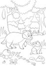 Coloring page. Mother badger stands with her little cute baby in the forest and smiles