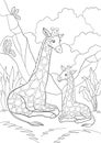 Coloring page. Mother giraffe with long neck lays with her little cute baby and smiles Royalty Free Stock Photo