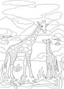 Coloring page. Mother giraffe with long neck stands with her little cute baby and smiles Royalty Free Stock Photo