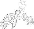 Coloring page. Mother sea turtle swims with her little cute baby sea turtle and smiles Royalty Free Stock Photo