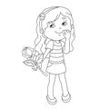 Coloring page outline of Beautiful girl with rose in hand Royalty Free Stock Photo
