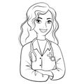 Coloring page outline of a beautiful doctor for kids. Vector image isolated on white background