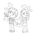 Coloring Page Outline Of Boy and girl with hearts Royalty Free Stock Photo