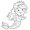 Coloring Page Outline of cartoon beautiful little mermaid. Marine princess. Underwater world. Coloring Book for kids