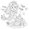 Coloring Page Outline of cartoon beautiful little mermaid. Marine princess. Underwater world. Coral reef with fishes, pearl shells