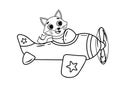 Coloring page outline of cartoon biplane with fox animal. Vector image on white background. Coloring book of transport for kids