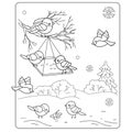 Coloring Page Outline Of cartoon birds in the winter.