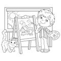 Coloring Page Outline Of cartoon boy with brush, paints and cat. Little artist at the easel drawing cute house. Coloring book for Royalty Free Stock Photo