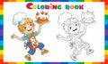 Coloring page outline of cartoon boy chef with cake or pie. Little cook or scullion in apron and chef hat. Profession. Coloring