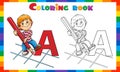 Coloring Page Outline of cartoon boy drawing a large letter in red pencil. Coloring Book for kids Royalty Free Stock Photo