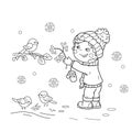 Coloring Page Outline Of cartoon boy feeding birds. Winter. Royalty Free Stock Photo