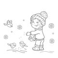 Coloring Page Outline Of cartoon boy feeding birds. Royalty Free Stock Photo