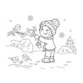 Coloring Page Outline Of cartoon boy feeding birds. Royalty Free Stock Photo