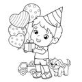 Coloring Page Outline Of a cartoon boy with gifts and balloons and with little dog. Birthday. Coloring book for kids Royalty Free Stock Photo