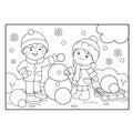 Coloring Page Outline Of cartoon boy with girl making snowman