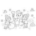 Coloring Page Outline Of cartoon boy with girl making snowman