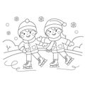 Coloring Page Outline Of cartoon boy with girl skating. Winter sports