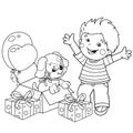 Coloring Page Outline Of cartoon boy with little dog, presents and balloons. Cute puppy as a birthday gift. Pet. Coloring book for Royalty Free Stock Photo