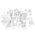 Coloring Page Outline Of cartoon boy making snowman with dog.