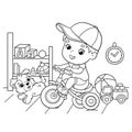 Coloring Page Outline Of a cartoon boy riding a Bicycle or bike with a dog. Game room and toys. Coloring book for kids Royalty Free Stock Photo