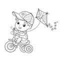 Coloring Page Outline Of cartoon boy riding a Bicycle with a kite. Coloring book for kids Royalty Free Stock Photo