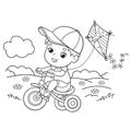 Coloring Page Outline Of cartoon boy riding a Bicycle with a kite. Coloring book for kids Royalty Free Stock Photo