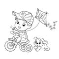 Coloring Page Outline Of cartoon boy riding a Bicycle with a kite and with a dog. Coloring book for kids Royalty Free Stock Photo