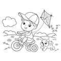 Coloring Page Outline Of cartoon boy riding a Bicycle with a kite and with a dog. Coloring book for kids Royalty Free Stock Photo