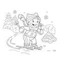 Coloring Page Outline Of cartoon boy riding on skis.