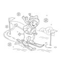 Coloring Page Outline Of cartoon boy riding on skis.