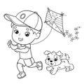 Coloring Page Outline Of cartoon boy running with a kite with dog. Coloring book for kids Royalty Free Stock Photo