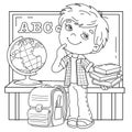 Coloring Page Outline Of cartoon boy with school supplies. Little student or schooler with globe, books and satchel. School.