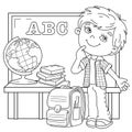 Coloring Page Outline Of cartoon boy with school supplies. Little student or schooler with globe, books and satchel. School. Royalty Free Stock Photo