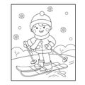 Coloring Page Outline Of cartoon boy skiing. Winter sports.