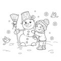 Coloring Page Outline Of cartoon boy with snowman. Winter.