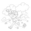 Coloring Page Outline Of cartoon boy with toy plane Royalty Free Stock Photo