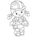 Coloring Page Outline of cartoon builder girl with cement mortar and trowel. Profession. Coloring book for kids