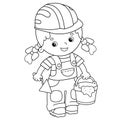 Coloring Page Outline of cartoon builder girl with cement mortar and trowel. Profession. Coloring book for kids