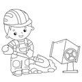Coloring Page Outline of cartoon builder with shovel and concrete mixer. Profession. Coloring book for kids